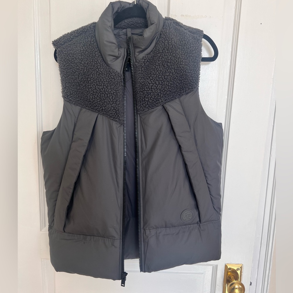 NWOT Gray Puffer Vest with Sherpa Collar